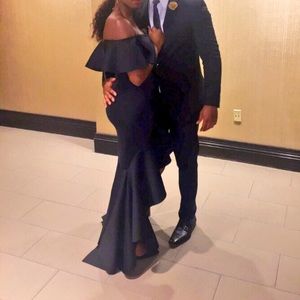 Black Ruffled high-low evening gown